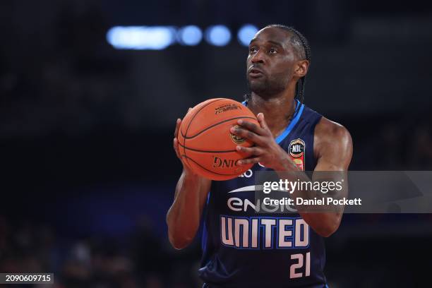 Ian Clark of United shoots a free throw during game one of the NBL Championship Grand Final Series between Melbourne United and Tasmania Jackjumpers...