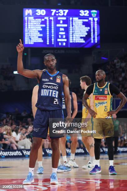 Ian Clark of United celebrates a free throw after a tech foul during game one of the NBL Championship Grand Final Series between Melbourne United and...