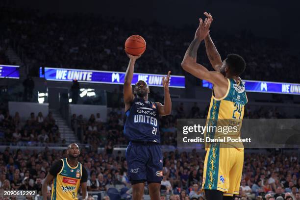 Ian Clark of United shoots during game one of the NBL Championship Grand Final Series between Melbourne United and Tasmania Jackjumpers at John Cain...