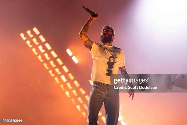 Rapper Post Malone performs onstage during day 2 of Rolling Loud 2024 at Hollywood Park Grounds on March 16, 2024 in Inglewood, California.