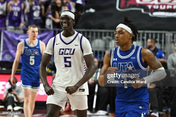 Lok Wur of the Grand Canyon Antelopes celebrates a play against the Texas-Arlington Mavericks in the second half of the championship game of the...