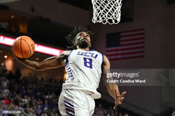 Collin Moore of the Grand Canyon Antelopes dunks the ball against the Texas-Arlington Mavericks in the second half of the championship game of the...