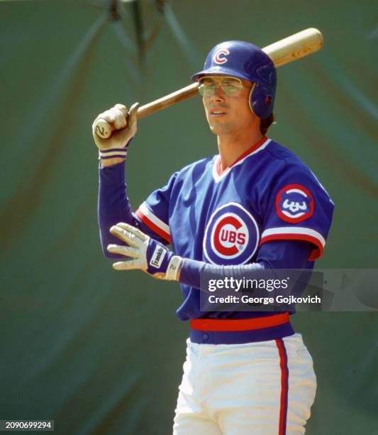 Vance Law of the Chicago Cubs looks on from on deck as he waits to bat against the Pittsburgh Pirates during a Major League Baseball game at Three...