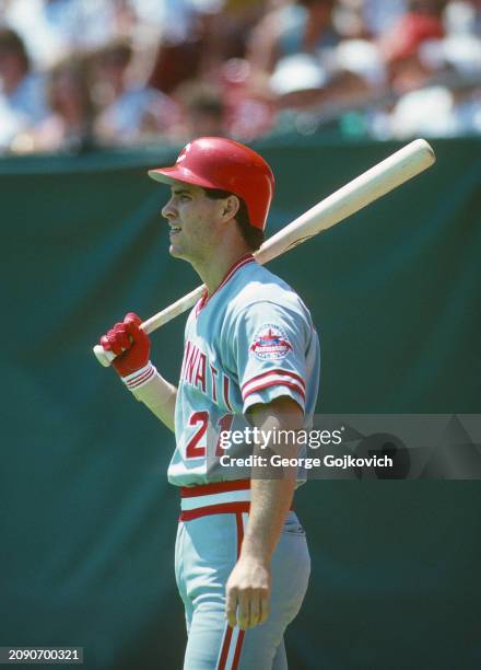 Paul O'Neill of the Cincinnati Reds waits on deck to bat against the Pittsburgh Pirates during a Major League Baseball game at Three Rivers Stadium...