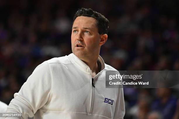 Head coach Bryce Drew of the Grand Canyon Antelopes looks on against the Texas-Arlington Mavericks in the first half of the championship game of the...