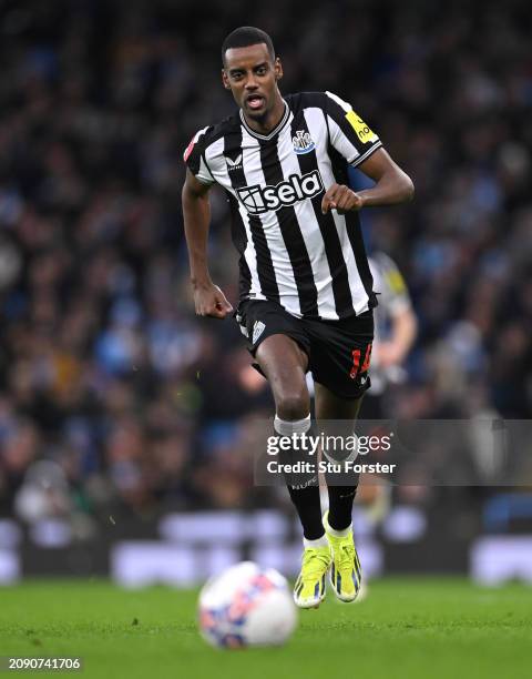 Newcastle striker Alexander Isak in action during the Emirates FA Cup Quarter Final match between Manchester City and Newcastle United at Etihad...