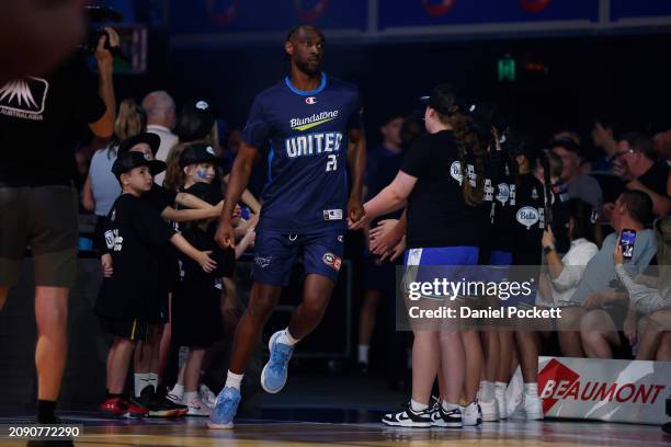 Ian Clark of United runs out during game one of the NBL Championship Grand Final Series between Melbourne United and Tasmania Jackjumpers at John...