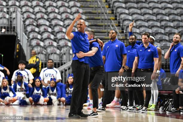 Head coach K.T. Turner of the Texas-Arlington Mavericks reacts to a play against the Grand Canyon Antelopes in the second half of the championship...