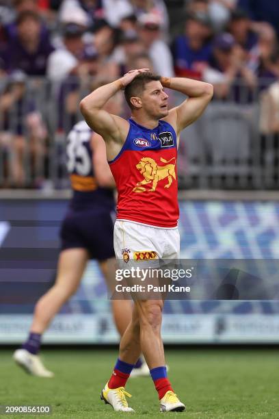 Dayne Zorko of the Lions looks on during the round one AFL match between Fremantle Dockers and Brisbane Lions at Optus Stadium, on March 17 in Perth,...