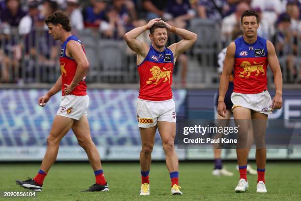 Dayne Zorko of the Lions looks on during the round one AFL match between Fremantle Dockers and Brisbane Lions at Optus Stadium, on March 17 in Perth,...