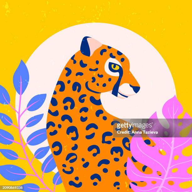 ilustraciones, imágenes clip art, dibujos animados e iconos de stock de leopardo con plantas ilustración minimalista - piel leopardo