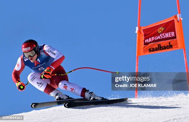 Austria's Stefan Babinsky takes part in the Men's Downhill training during the FIS Alpine Skiing World Cup in Saalbach, Austria on March 20, 2024.