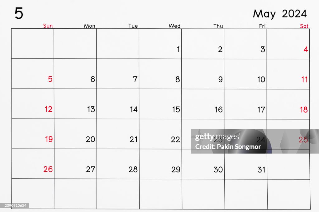 Desk Calendar 2024: May calendar is used to plan daily work and life with a white background.