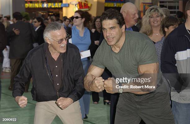 Marvel Comics creator of "The Hulk" Stan Lee and actor Lou Ferrigno attend the premiere of "The Hulk" at the Universal Amphitheater on June 17, 2003...