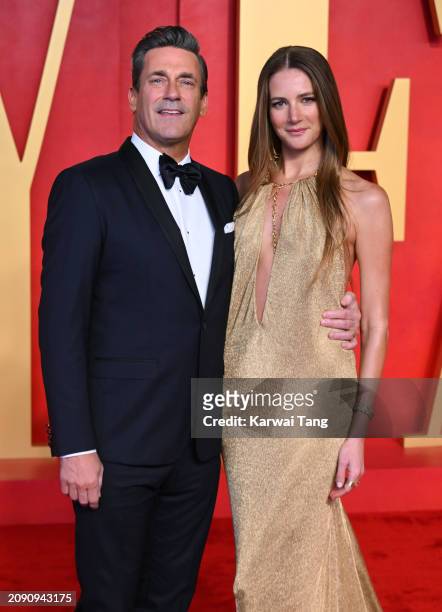 Jon Hamm and Anna Osceola attend the 2024 Vanity Fair Oscar Party hosted by Radhika Jones at the Wallis Annenberg Center for the Performing Arts on...