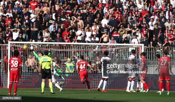 Daniel Maldini of AC Monza scores his team's first goal from a freekick during the Serie A TIM match between AC Monza and Cagliari at U-Power Stadium...
