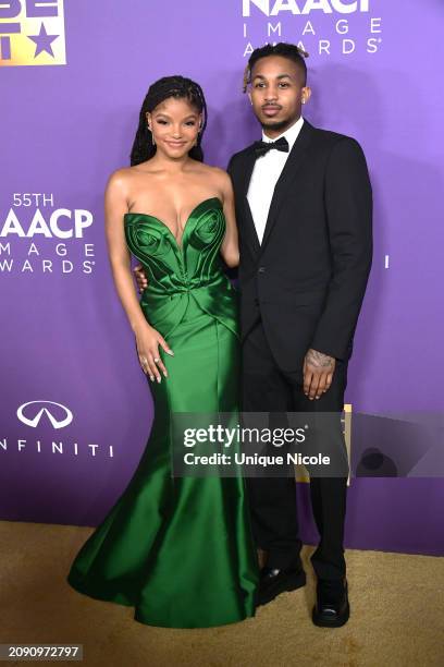 Halle Bailey and DDG attends the 55th Annual NAACP Awards at Shrine Auditorium and Expo Hall on March 16, 2024 in Los Angeles, California.