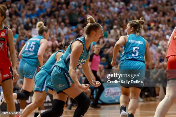 Rebecca Cole of the Flyers celebrates during the game three of the WNBL Grand Final series between Southside Flyers and Perth Lynx at Melbourne...