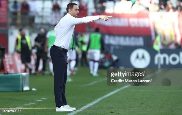 Monza coach Raffaele Palladino gestures during the Serie A TIM match between AC Monza and Cagliari at U-Power Stadium on March 16, 2024 in Monza,...