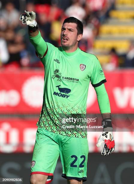 Simone Scuffet of Cagliari Calcio gestures during the Serie A TIM match between AC Monza and Cagliari at U-Power Stadium on March 16, 2024 in Monza,...