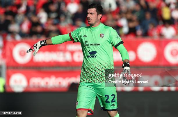 Simone Scuffet of Cagliari Calcio during the Serie A TIM match between AC Monza and Cagliari at U-Power Stadium on March 16, 2024 in Monza, Italy.