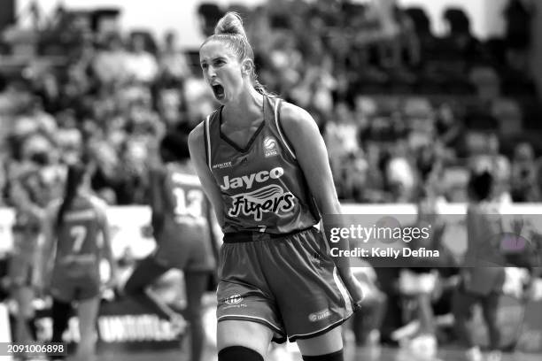 Rebecca Cole of the Flyers celebrates during the game three of the WNBL Grand Final series between Southside Flyers and Perth Lynx at Melbourne...