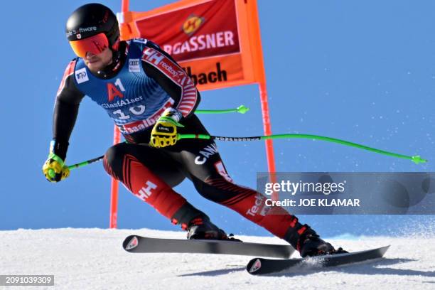 Canada's Cameron Alexander takes part in the Men's Downhill training during the FIS Alpine Skiing World Cup in Saalbach, Austria on March 20, 2024.