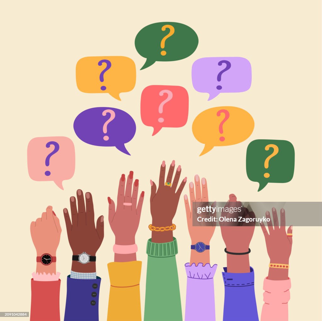 People Raising Hands And Speech Bubbles With Questions Marks Faq And ...