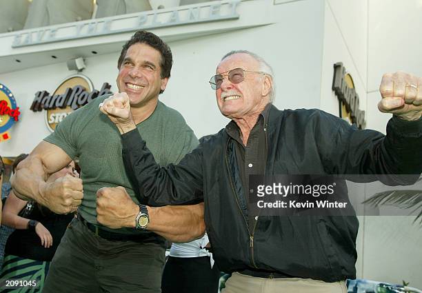 The original Hulk Lou Ferrigno and Marvel Comics creator of "The Hulk" Stan Lee attend the world premiere of the movie "The Hulk" at Universal...
