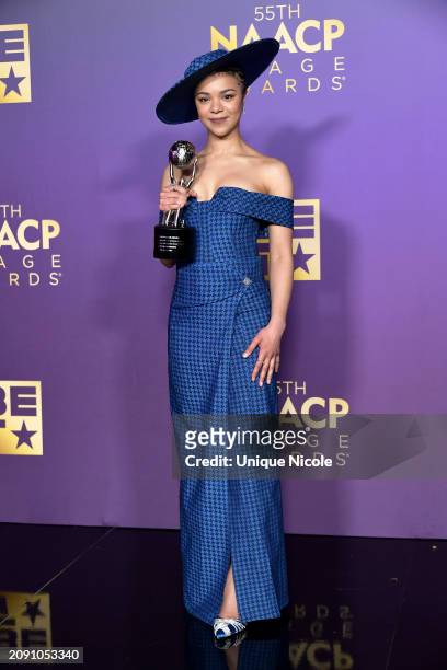 India Amarteifio, winner of the Outstanding Actress in a Drama Series award for "Queen Charlotte: A Bridgerton Story," poses in the press room during...