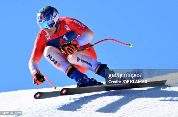 Switzerland's Marco Odermatt takes part in the Men's Downhill training during the FIS Alpine Skiing World Cup in Saalbach, Austria on March 20, 2024.