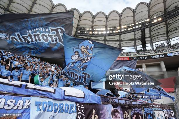 Fans of Kawasaki Frontale cheer prior to the J.LEAGUE MEIJI YASUDA J1 4th Sec. Match between Kashima Antlers and Kawasaki Frontale at Kashima Soccer...