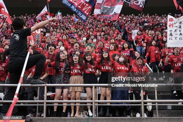 Fans of Kashima Antlers cheer prior to the J.LEAGUE MEIJI YASUDA J1 4th Sec. Match between Kashima Antlers and Kawasaki Frontale at Kashima Soccer...