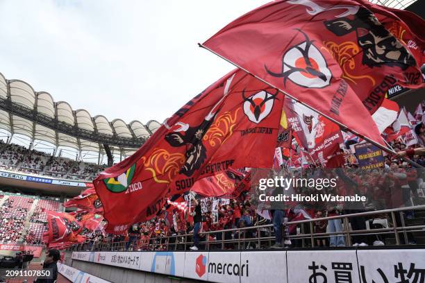 Fans of Kashima Antlers cheer prior to the J.LEAGUE MEIJI YASUDA J1 4th Sec. Match between Kashima Antlers and Kawasaki Frontale at Kashima Soccer...