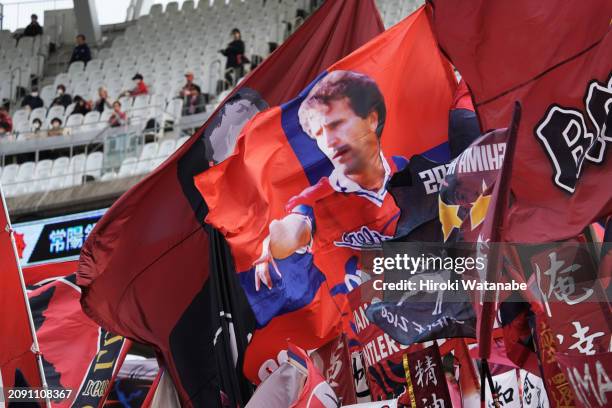 Fans of Kashima Antlers cheer prior to the J.LEAGUE MEIJI YASUDA J1 4th Sec. Match between Kashima Antlers and Kawasaki Frontale at Kashima Soccer...