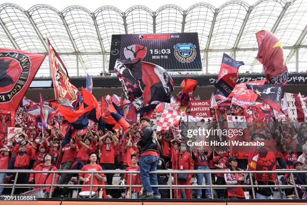 Fans of Kashima Antlers cheer prior to the J.LEAGUE MEIJI YASUDA J1 4th Sec. Match between Kashima Antlers and Kawasaki Frontale at Kashima Soccer...