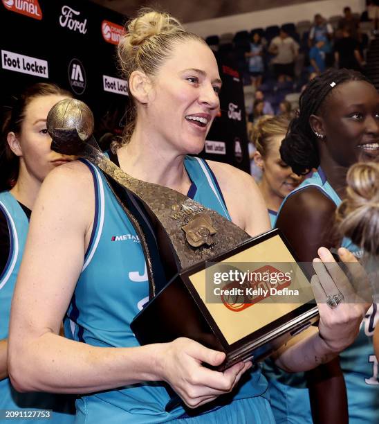Lauren Jackson of the Flyers celebrates winning the WNBL Championship during the game three of the WNBL Grand Final series between Southside Flyers...