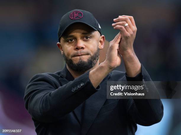 Burnley manager Vincent Kompany applauds the fans after the Premier League match between Burnley FC and Brentford FC at Turf Moor on March 16, 2024...