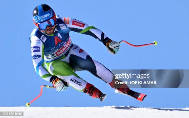 Slovenia's Miha Hrobat takes part in the Men's Downhill training during the FIS Alpine Skiing World Cup in Saalbach, Austria on March 20, 2024.
