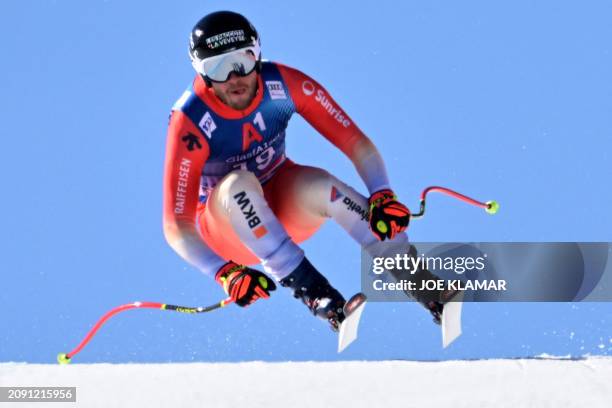 Switzerland's Alexis Monney takes part in the Men's Downhill training during the FIS Alpine Skiing World Cup in Saalbach, Austria on March 20, 2024.