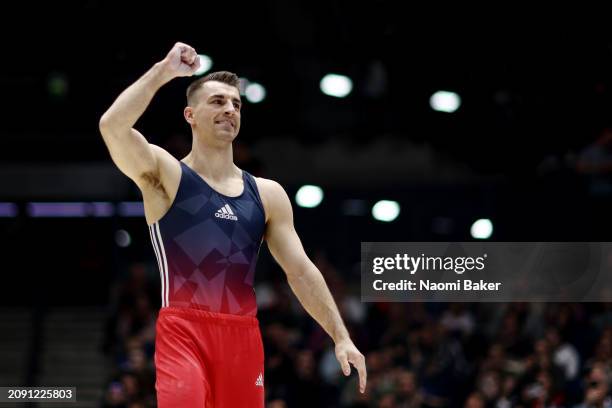 Max Whitlock OBE of South Essex Gymnastics Club reacts after his routine in Pommel Horse during Men's Artistic Senior - Apparatus Final on day four...