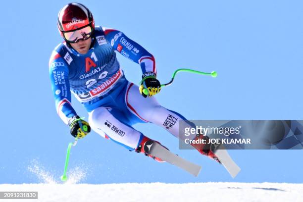 France's Blaise Giezendanner takes part in the Men's Downhill training during the FIS Alpine Skiing World Cup in Saalbach, Austria on March 20, 2024.