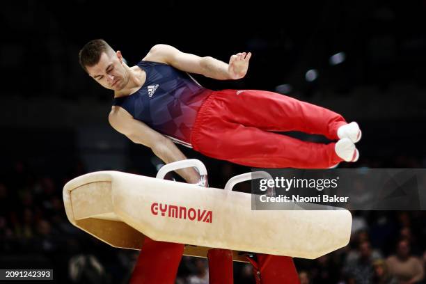 Max Whitlock OBE of South Essex Gymnastics Club competes in Pommel Horse during Men's Artistic Senior - Apparatus Final on day four of the 2024...