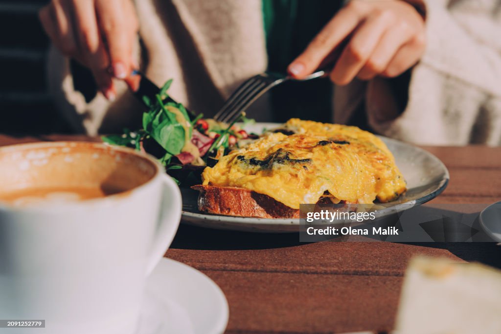 Sandwich with omelet and cappuccino served for breakfast in a restaurant, side view