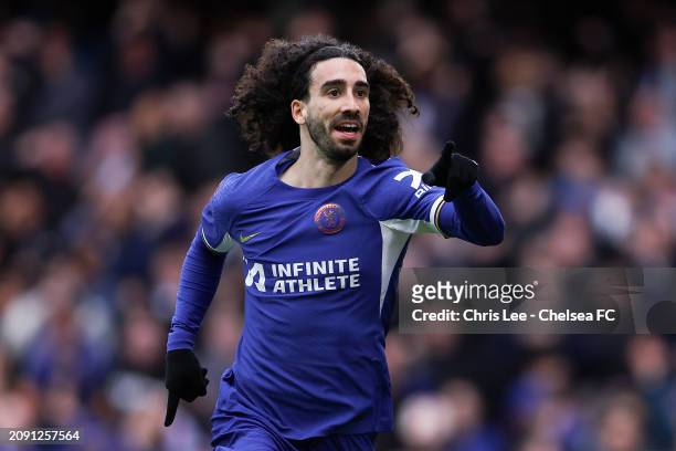 Marc Cucurella of Chelsea celebrates scoring his team's first goal during the Emirates FA Cup Quarter Final between Chelsea FC and Leicester City FC...