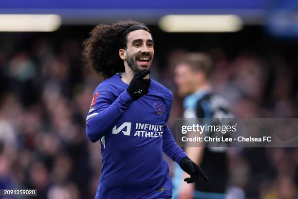 Marc Cucurella of Chelsea celebrates scoring his team's first goal during the Emirates FA Cup Quarter Final between Chelsea FC and Leicester City FC...