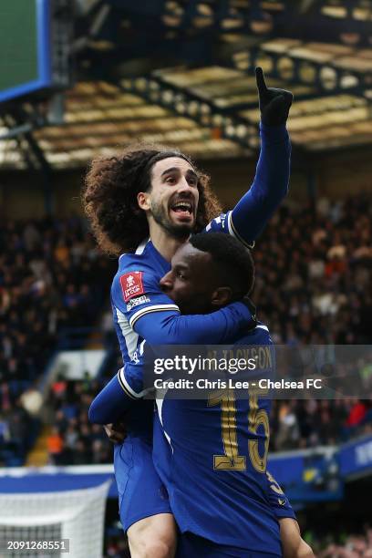 Marc Cucurella celebrates with Nicolas Jackson of Chelsea after scoring his team's first goal during the Emirates FA Cup Quarter Final between...