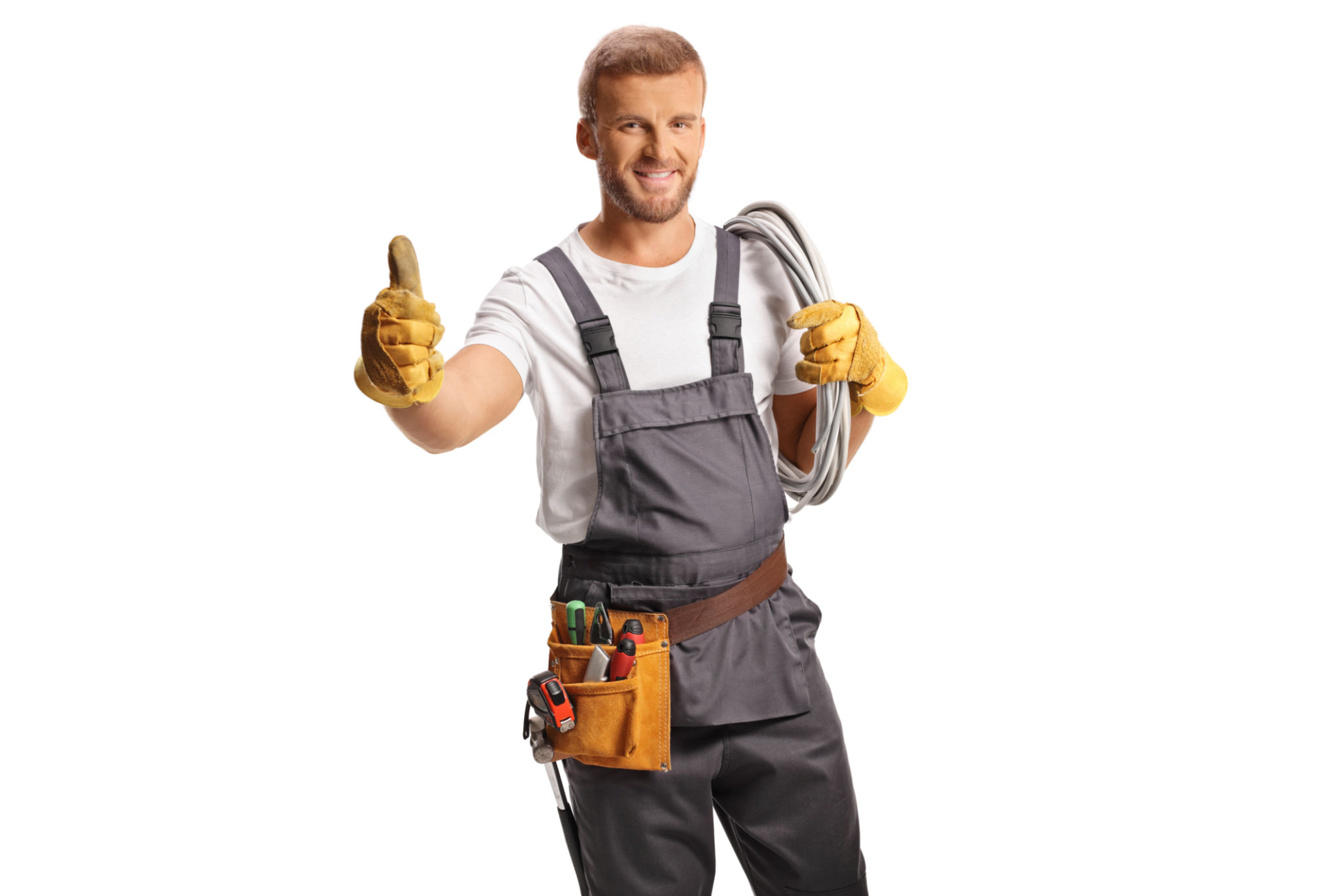 Electrician in a uniform carrying cables on his shoulder and gesturing thumbs up Electrician in a uniform carrying cables on his shoulder and gesturing thumbs up