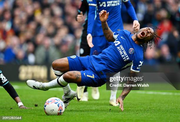 Raheem Sterling of Chelsea is fouled by Abdul Fatawu of Leicester City which leads to a penalty to Chelsea during the Emirates FA Cup Quarter Final...