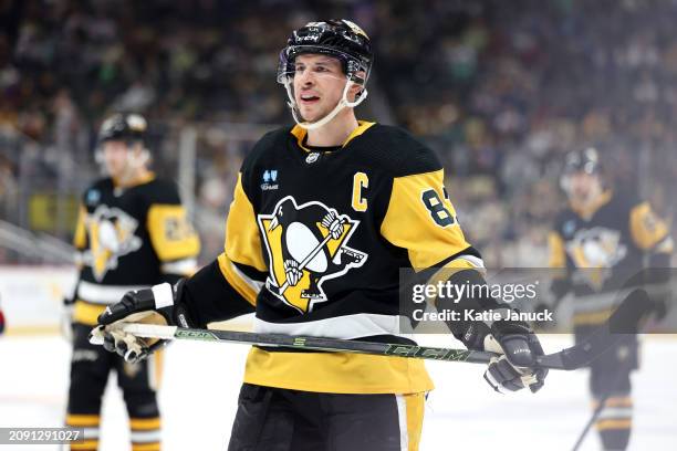 Sidney Crosby of the Pittsburgh Penguins before face off against the New York Rangers at PPG PAINTS Arena on March 16, 2024 in Pittsburgh,...